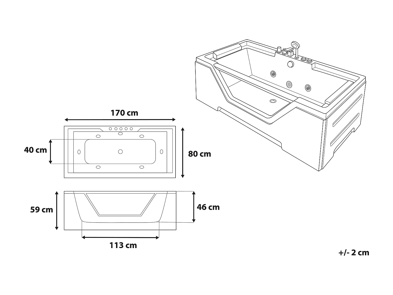 Baignoire d'angle à remous avec LED GRENADA 170 x 80 cm Blanc