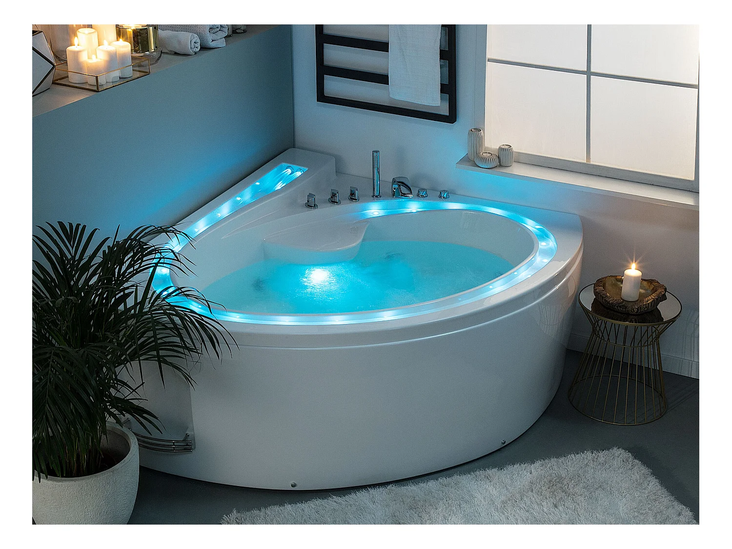 Baignoire d'angle à remous avec LED PELICAN 206 x 165 cm Blanc