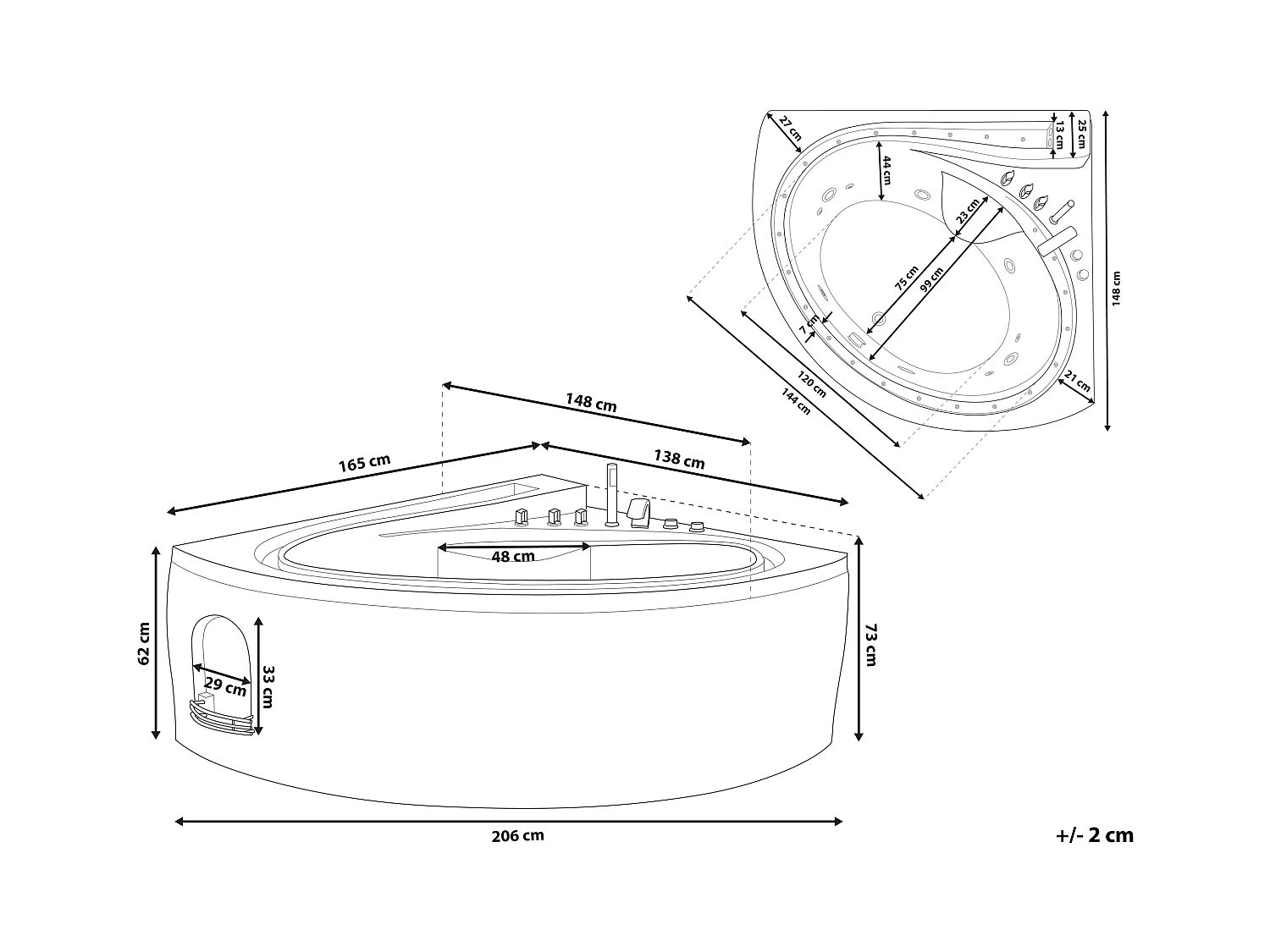 Baignoire d'angle à remous avec LED PELICAN 206 x 165 cm Blanc