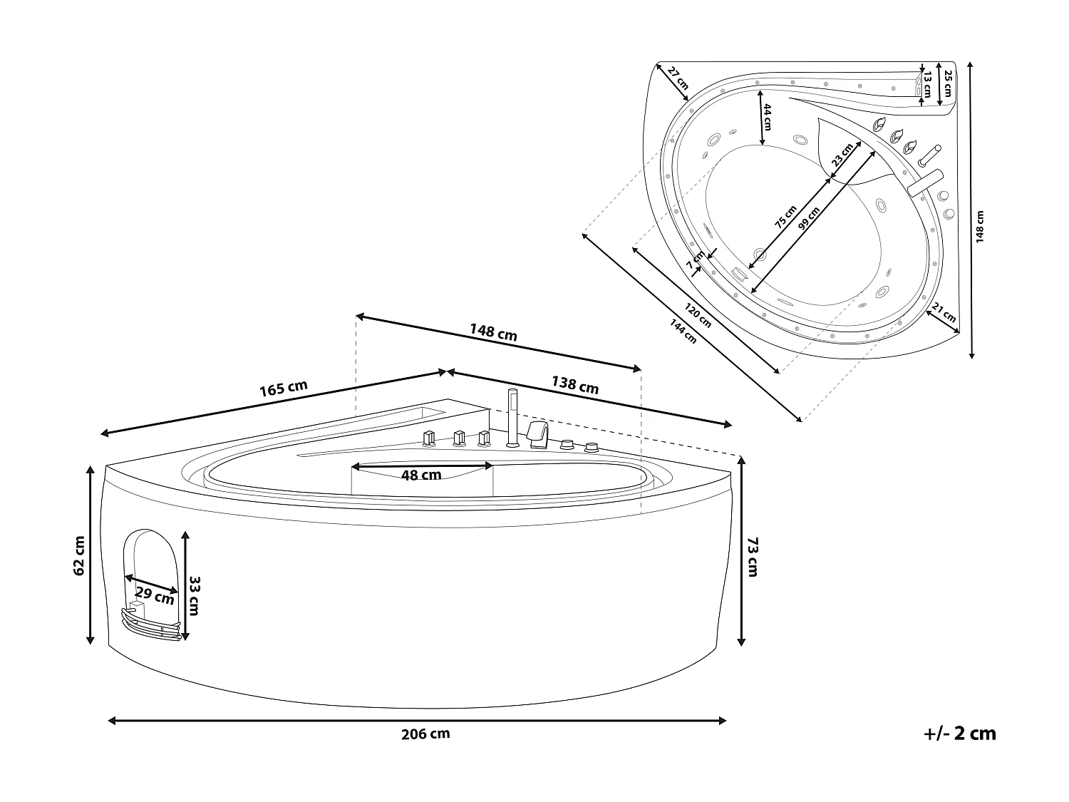 Baignoire d'angle à remous avec LED PELICAN 206 x 165 cm Blanc