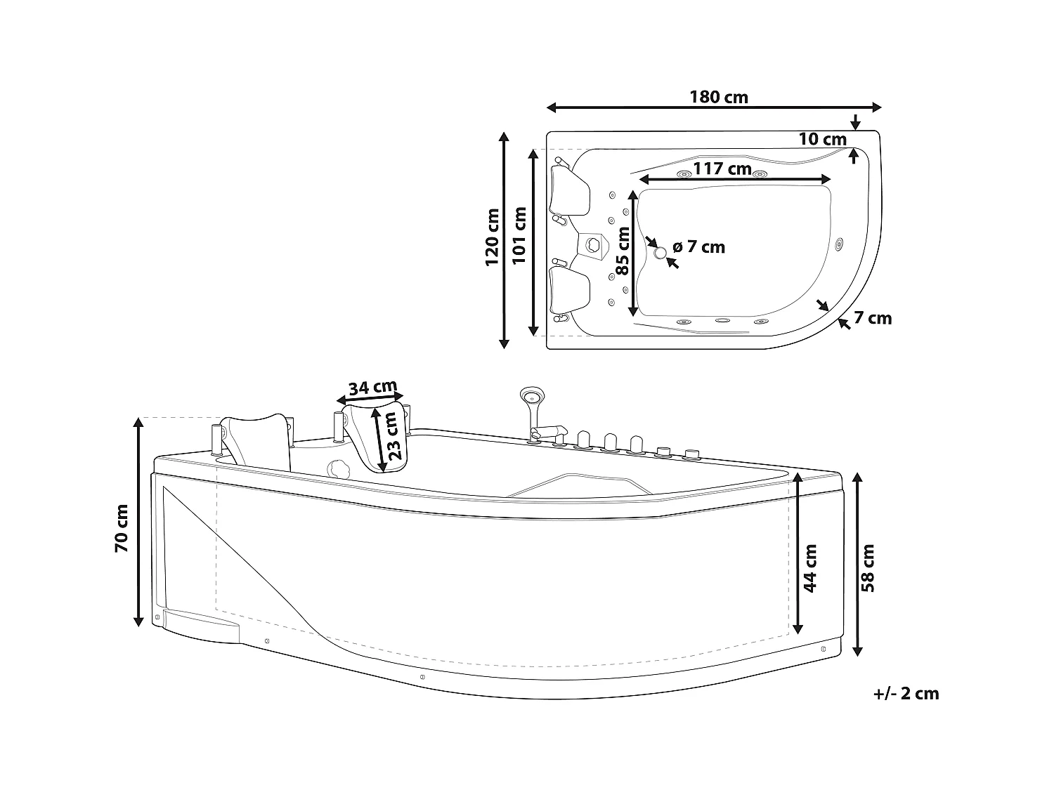 Baignoire d'angle à remous avec LED CALAMA Côté droit 180 x 120 cm Blanc