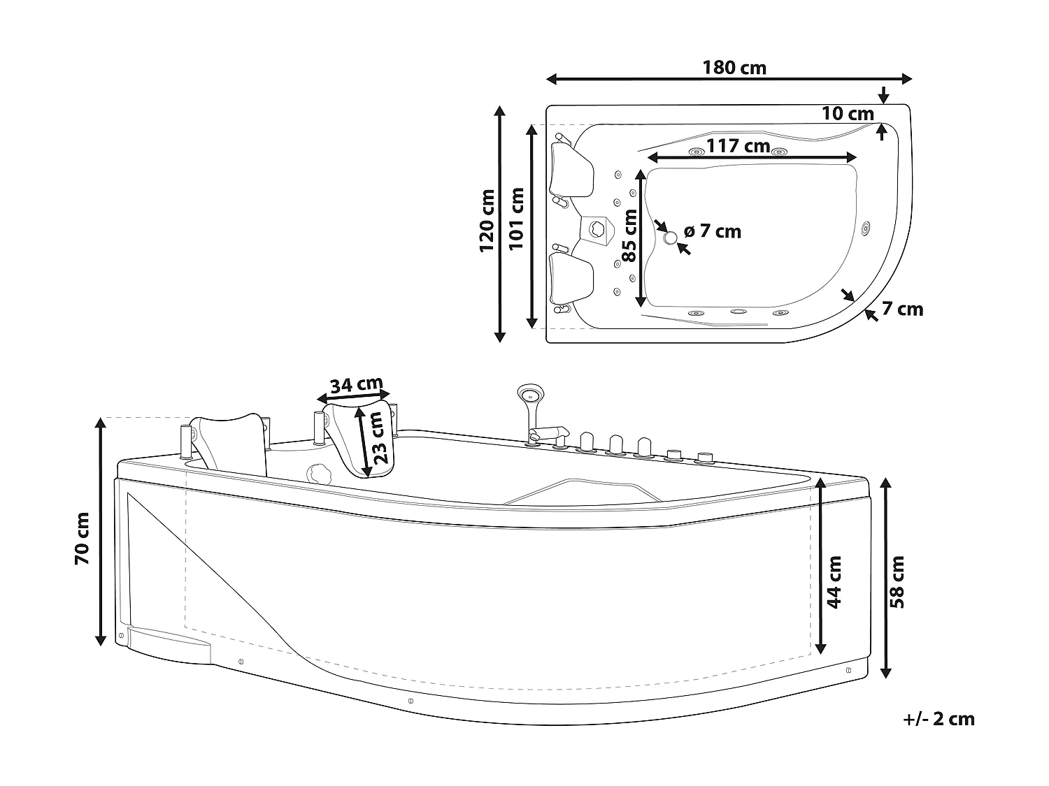 Baignoire d'angle à remous avec LED CALAMA Côté droit 180 x 120 cm Blanc