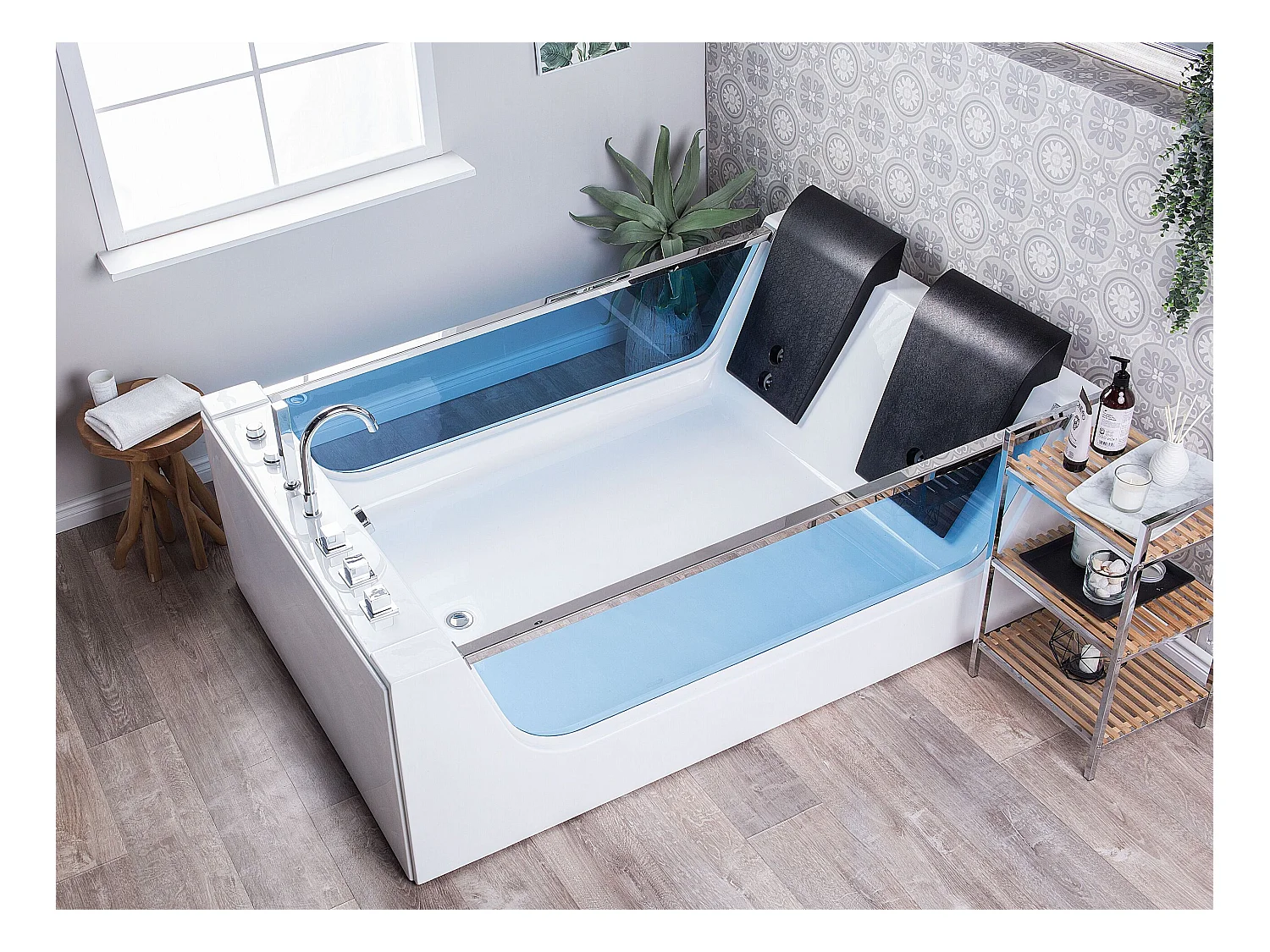 Baignoire d'angle à remous avec LED CURACAO 180 x 120 cm Blanc