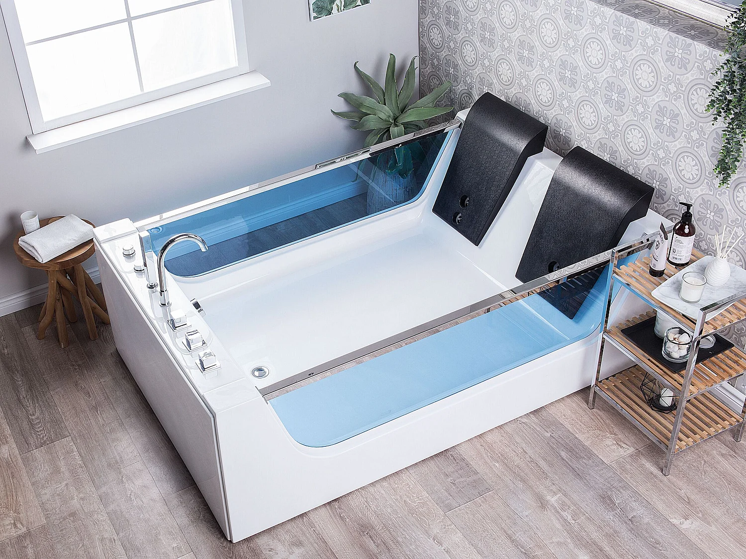 Baignoire d'angle à remous avec LED CURACAO 180 x 120 cm Blanc