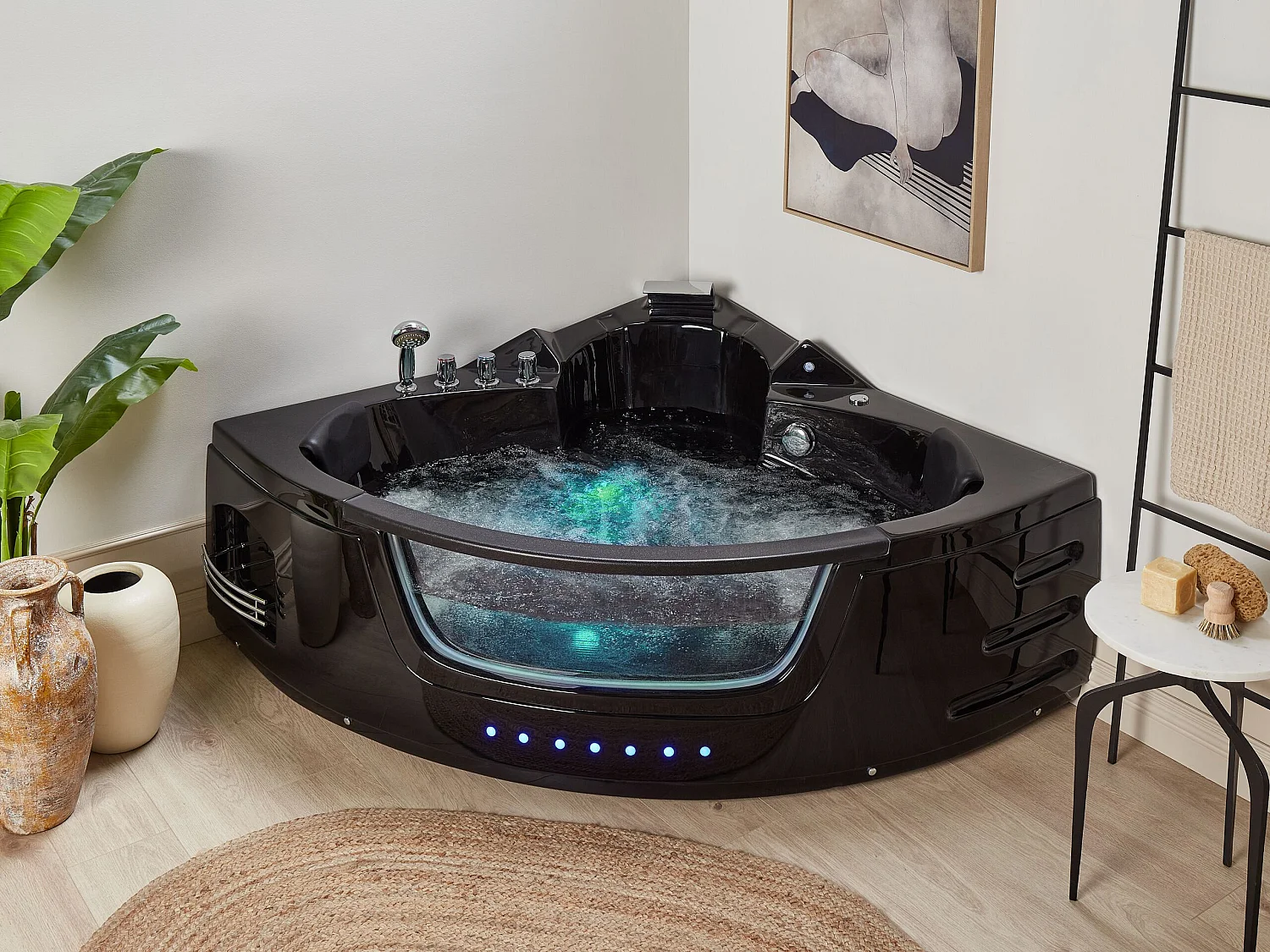 Baignoire d'angle à remous avec LED MARTINICA 198 x 144 cm Noir