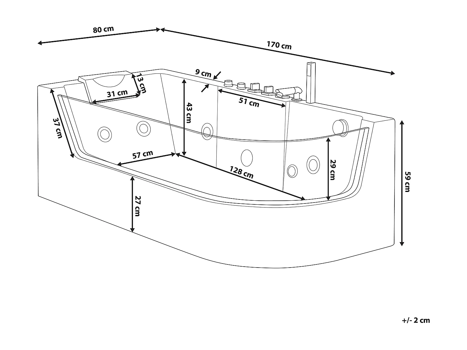 Wanna narożna z hydromasażem LED ACUARIO Prawostronny 170 x 80 cm Biały