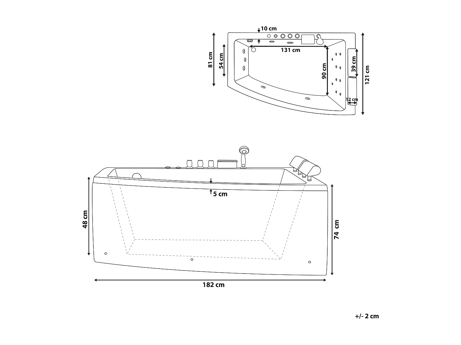 Baignoire d'angle à remous avec LED SERRANA Côté droit 182 x 121 cm Blanc