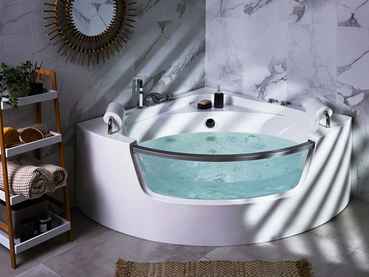 Baignoire d'angle à remous avec LED MANGLE 187 x 136 cm Blanc
