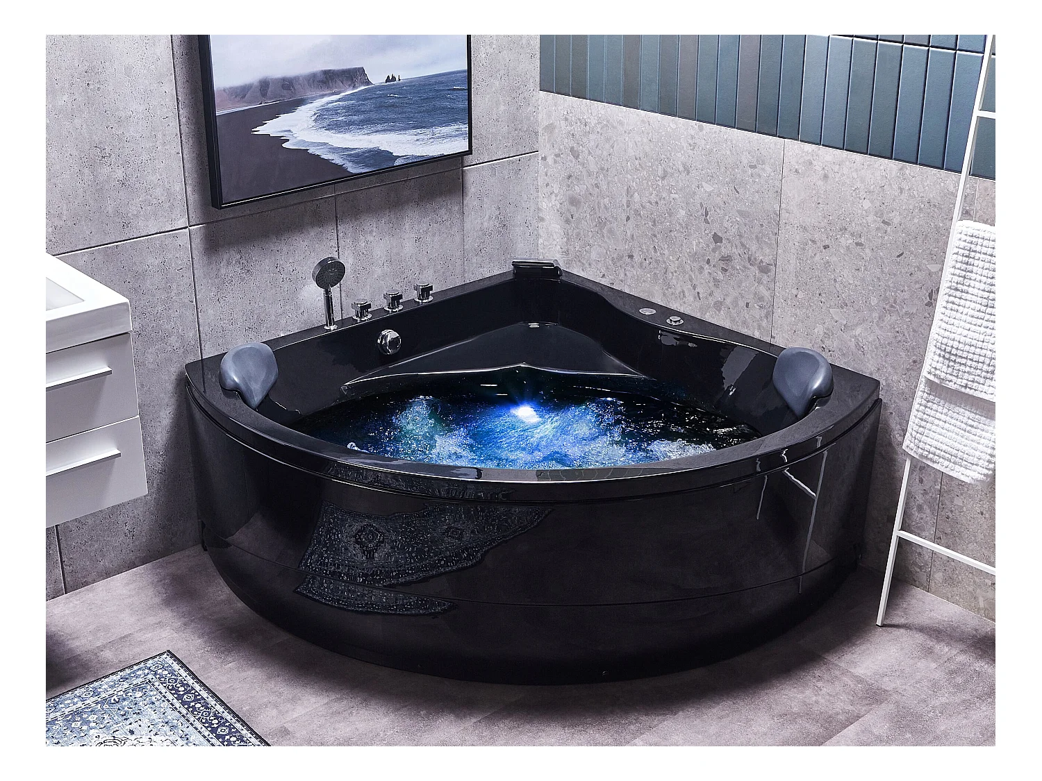 Baignoire d'angle à remous avec LED BARACOA 197 x 140 cm Noir