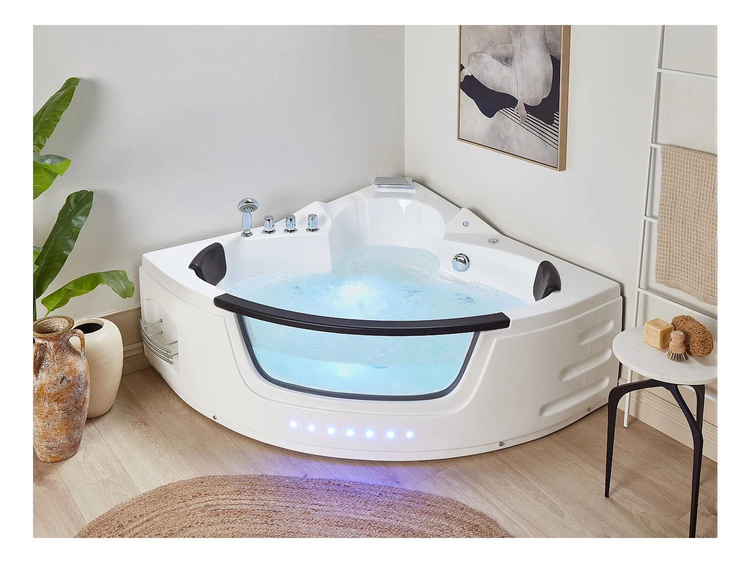 Baignoire d'angle à remous avec LED MARTINICA 198 x 144 cm Blanc