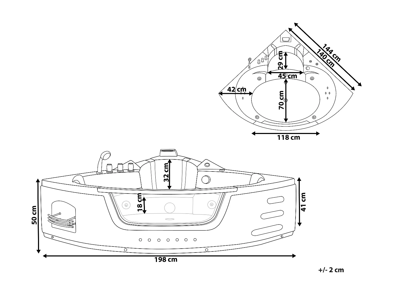 Baignoire d'angle à remous avec LED MARTINICA 198 x 144 cm Blanc