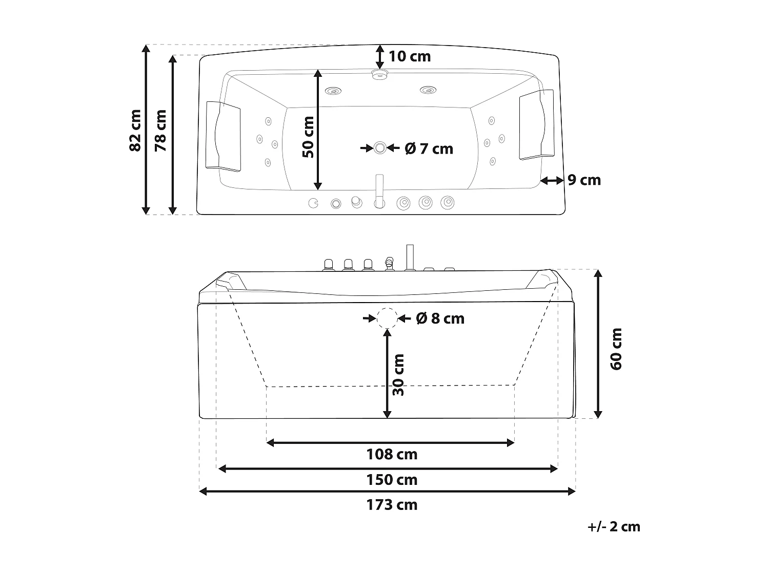 Luxus Whirlwanne Badewanne Spa weiß rechteckig Doppelwanne mit Massage LED Moor