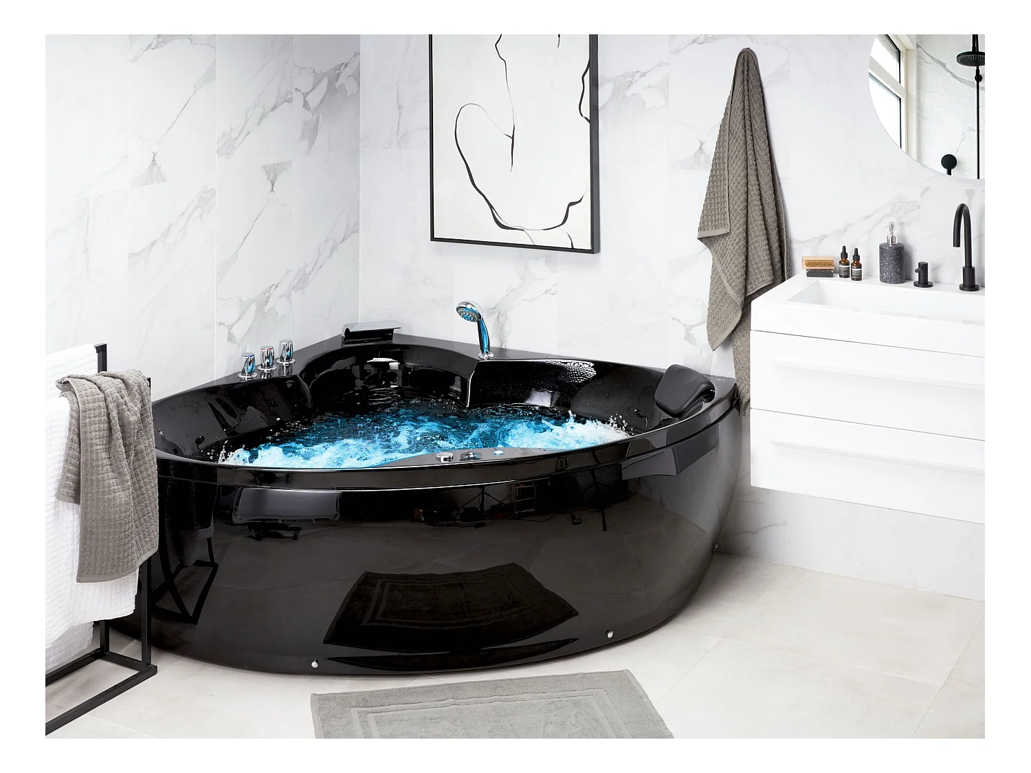 Hoek bubbelbad met LED SENADO 205 x 150 cm Zwart