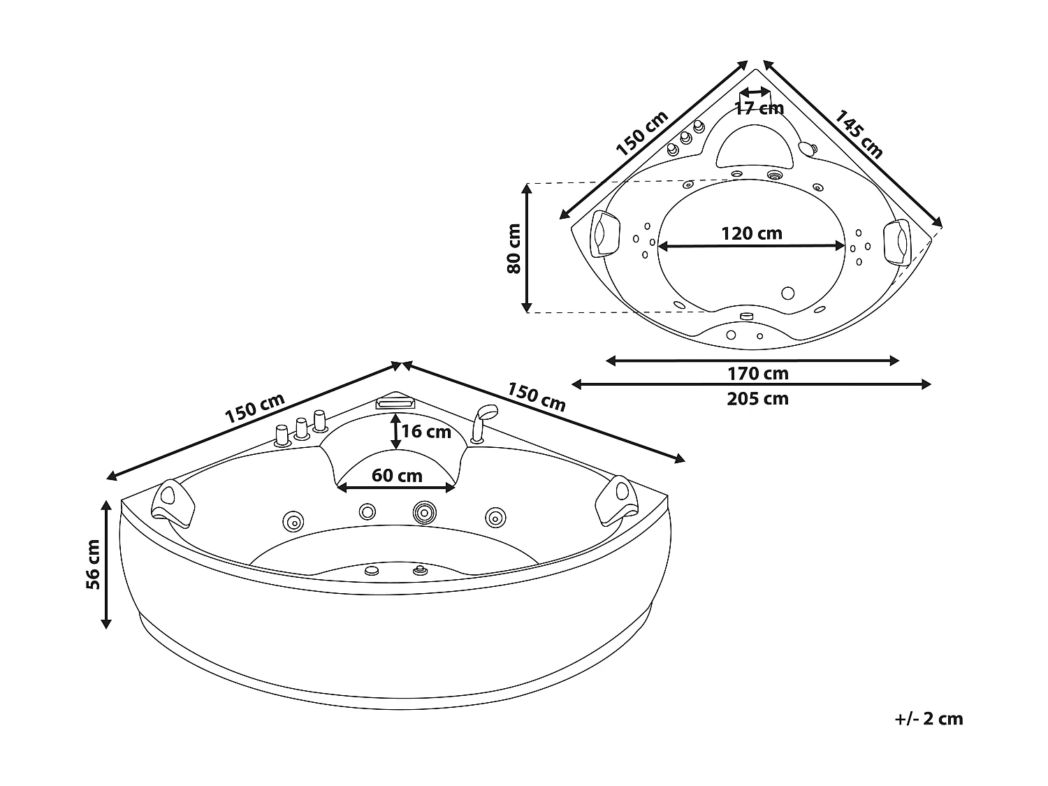 Whirlwanne Badewanne in Schwarz aus Sanitäracryl eckig SPA 205 x 150 cm Senado