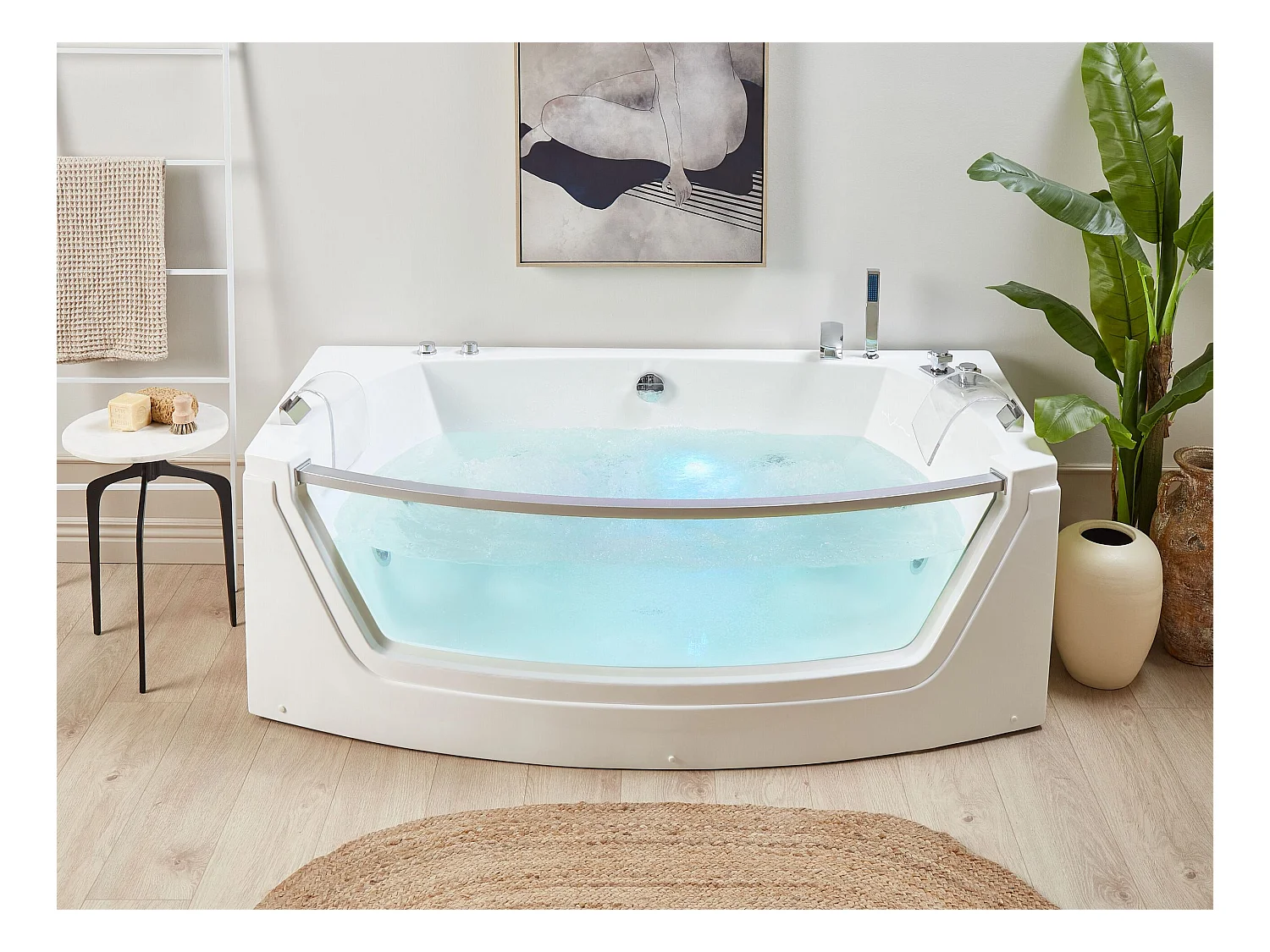Baignoire d'angle à remous avec LED FUERTE 175 x 85 cm Blanc