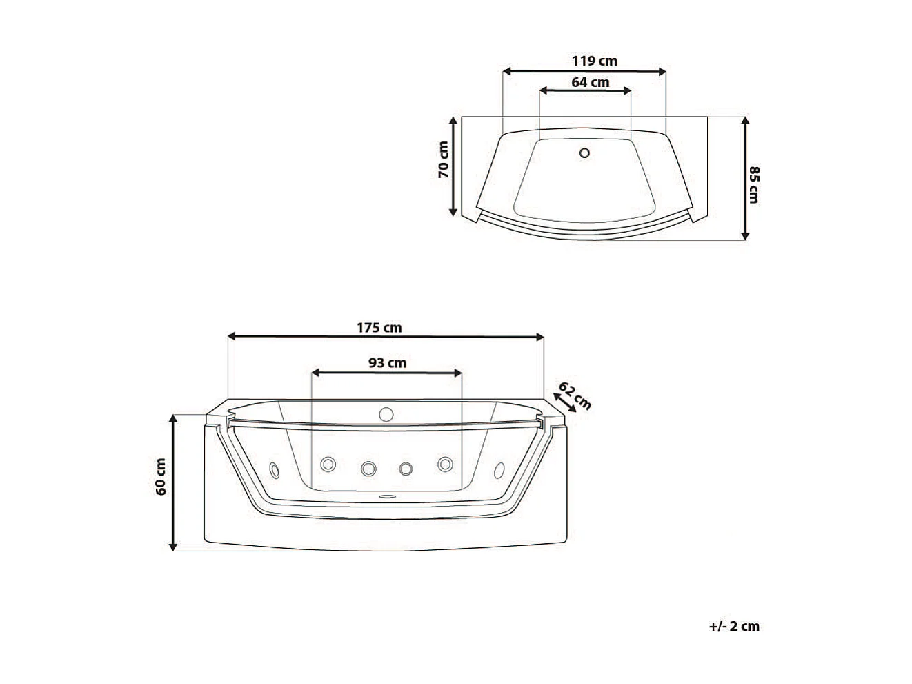 Baignoire d'angle à remous avec LED FUERTE 175 x 85 cm Blanc