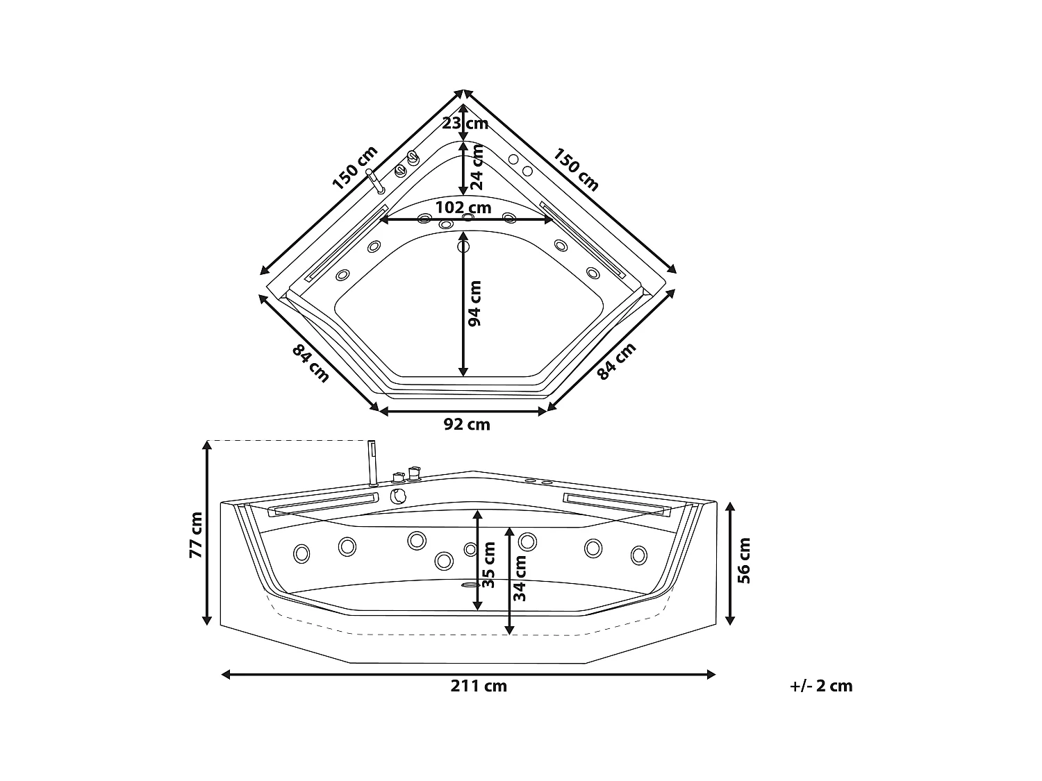 Hoek bubbelbad met LED CACERES 211 x 150 cm Wit