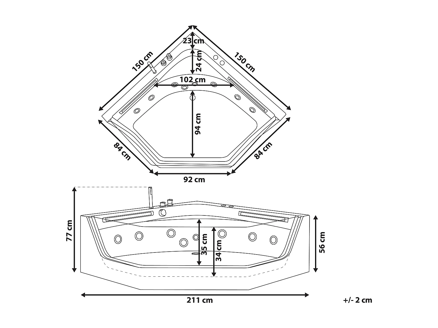 Baignoire d'angle à remous avec LED CACERES 211 x 150 cm Blanc
