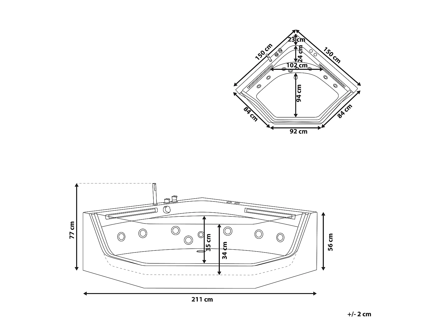 Banheira de hidromassagem de canto com LED CACERES 2110 x 1500 mm Branco