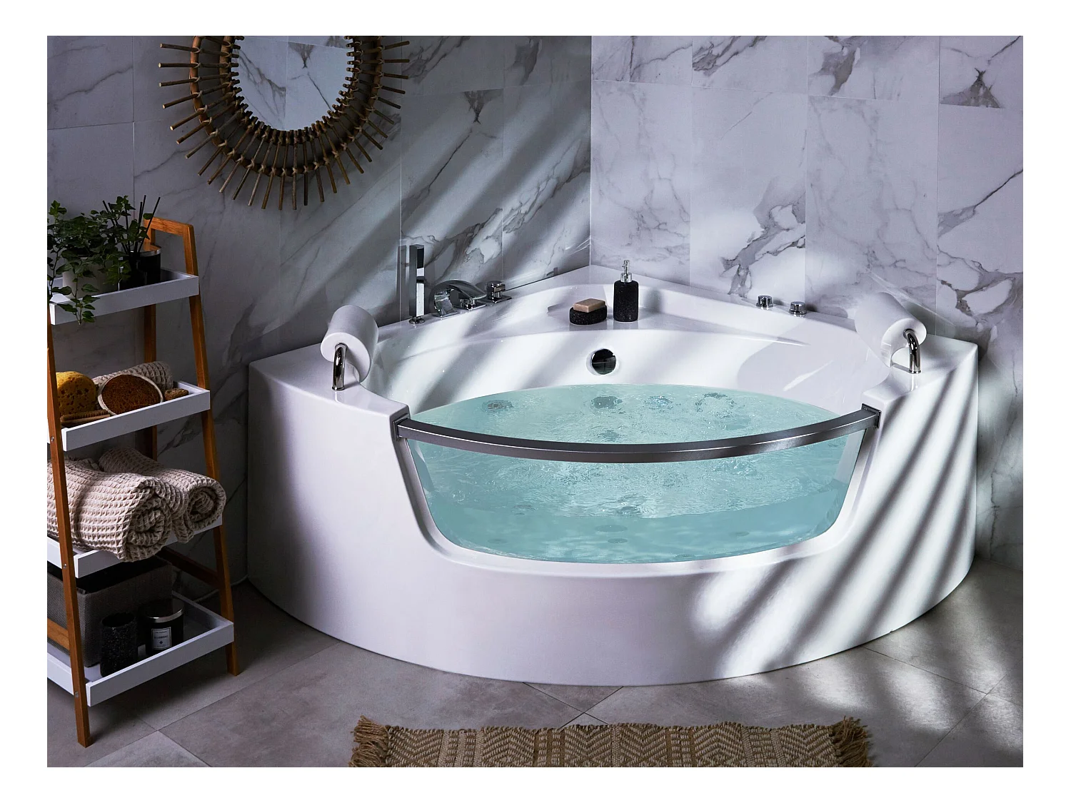 Baignoire d'angle à remous avec LED MANGLE 201 x 150 cm Blanc