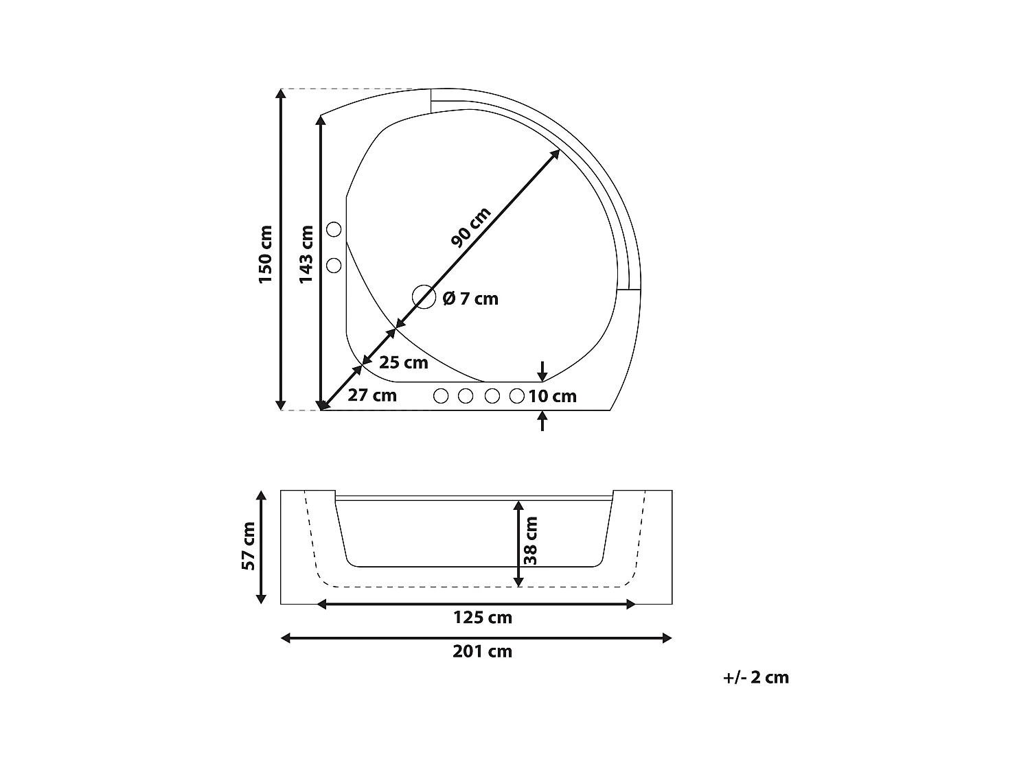 Baignoire d'angle à remous avec LED MANGLE 201 x 150 cm Blanc