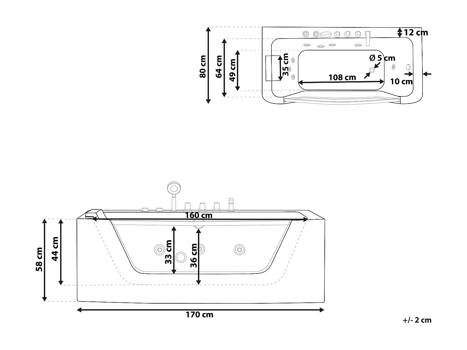 Hoek bubbelbad met LED PUQUIO Linkerzijde 170 x 80 cm Wit