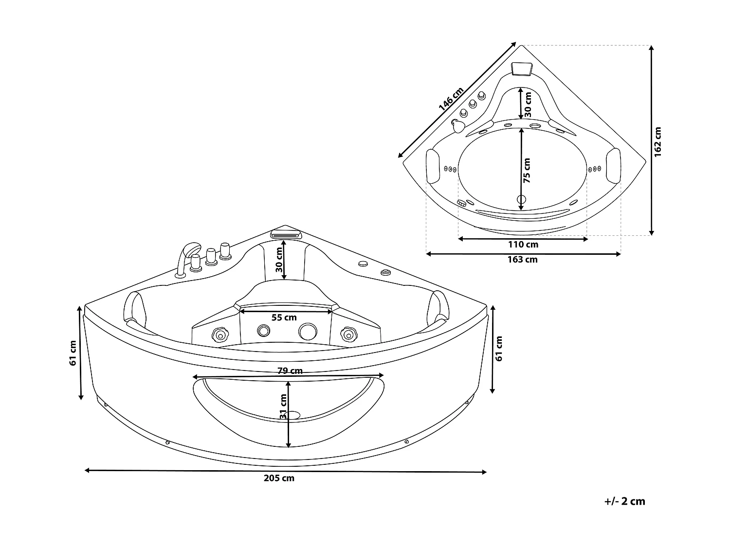 Baignoire d'angle à remous avec LED TOCOA 205 x 146 cm Noir