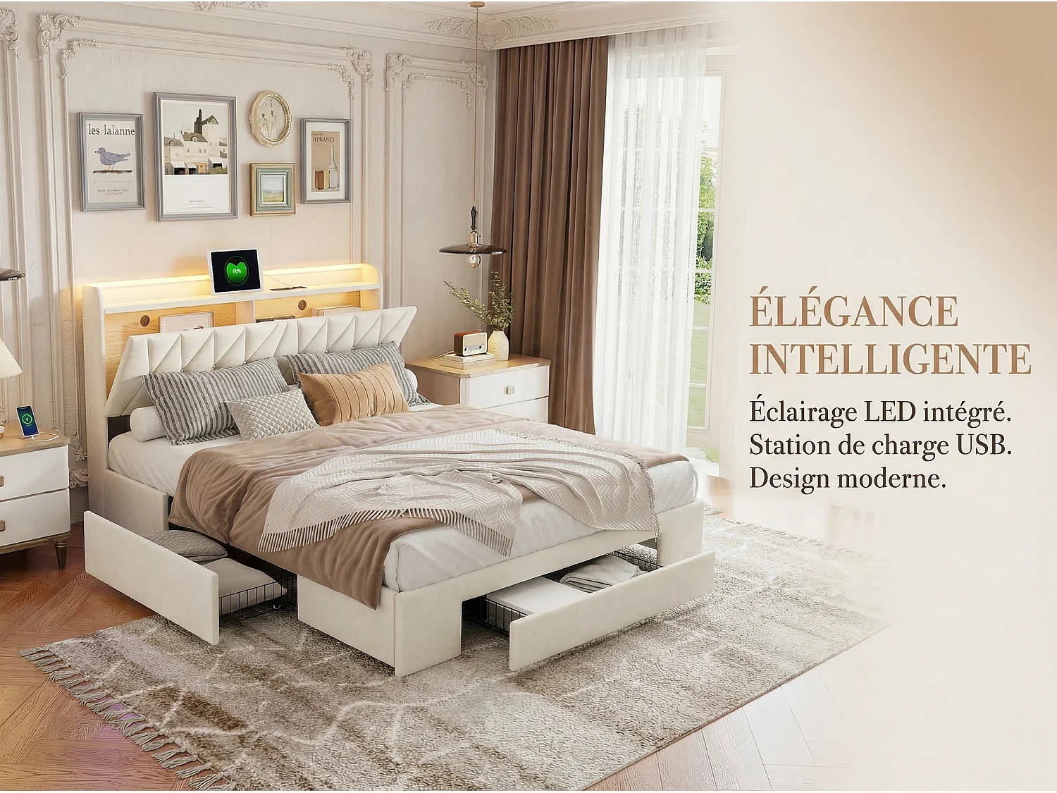 Lit coffre 140 x 190 cm avec tête de lit - Prises USB et LEDs - Cuir PU - Sommier à lattes - r(sans matelas)