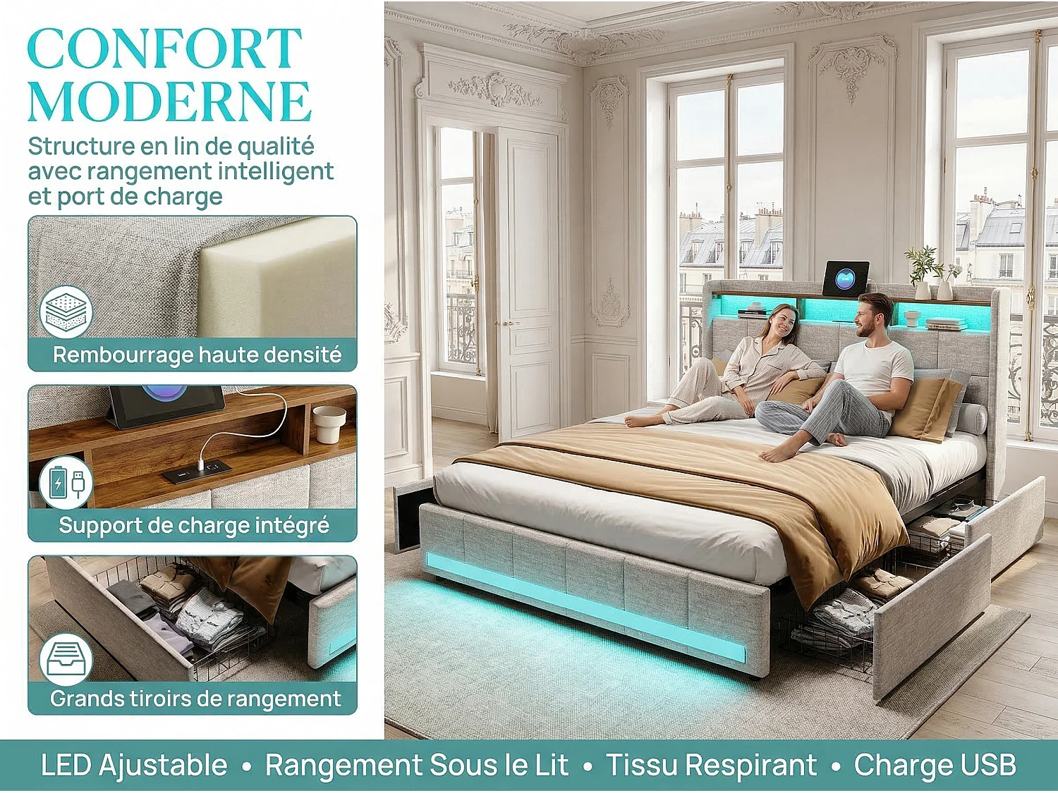 Lit coffre 140 x 190 cm avec tête de lit - Prises USB et LEDs - Cuir PU - Sommier à lattes - r(sans matelas)