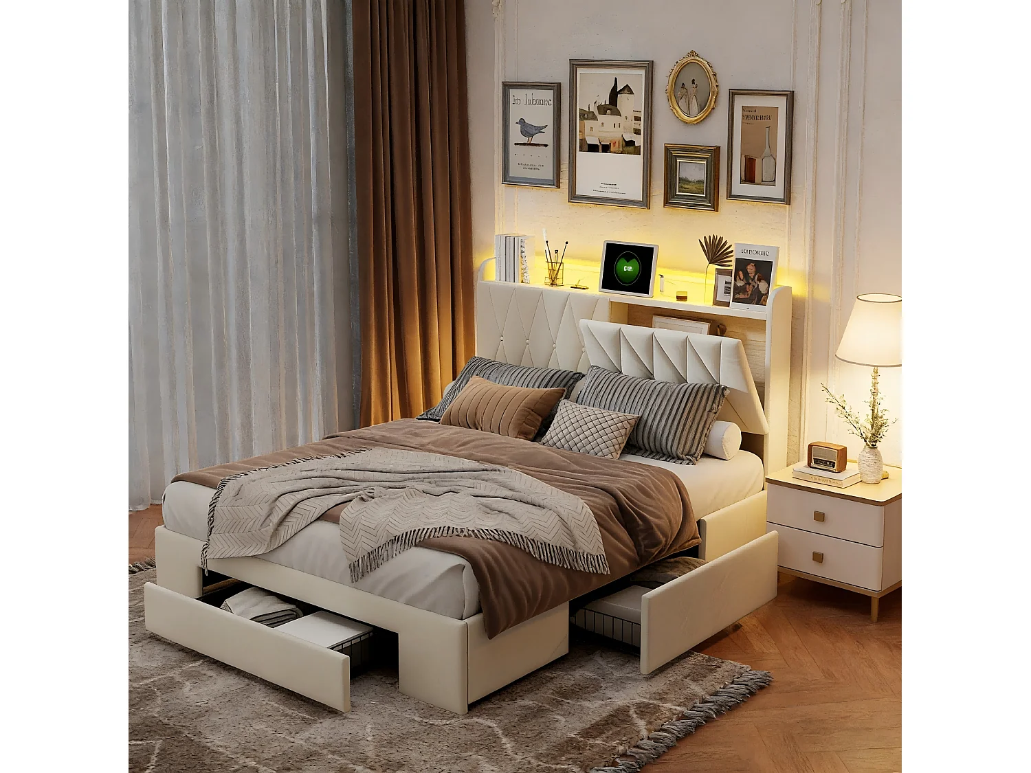 Lit coffre 140 x 190 cm avec tête de lit - Prises USB et LEDs - Cuir PU - Sommier à lattes - r(sans matelas)