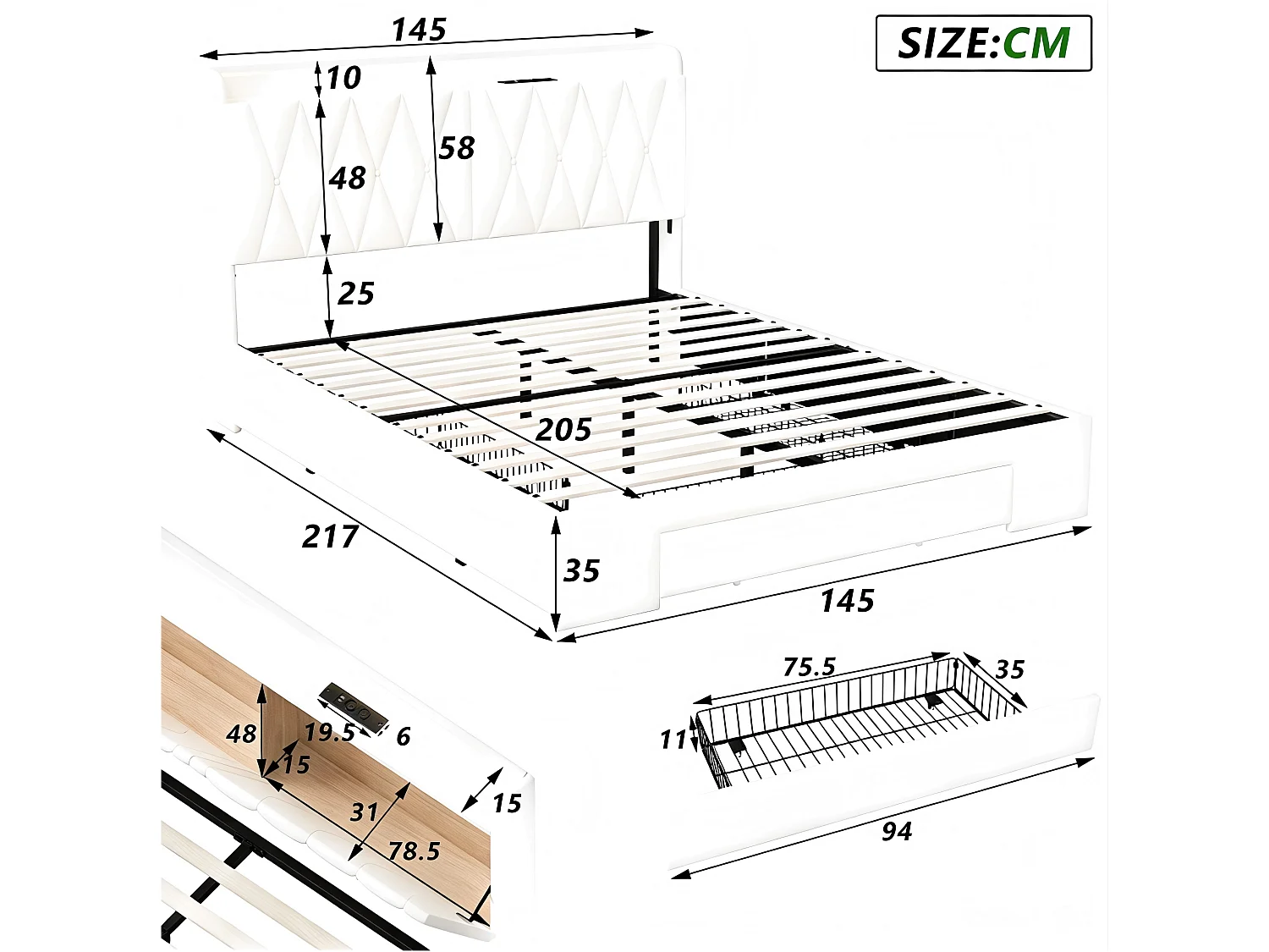 Lit coffre 140 x 190 cm avec tête de lit - Prises USB et LEDs - Cuir PU - Sommier à lattes - r(sans matelas)