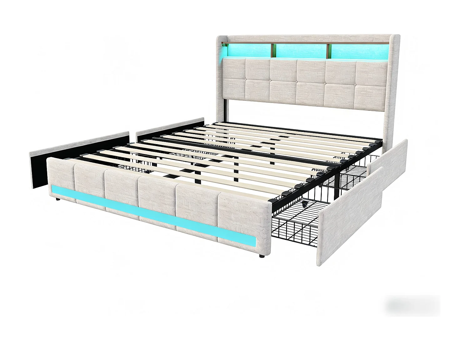 Lit coffre 140 x 190 cm avec tête de lit - Prises USB et LEDs - Cuir PU - Sommier à lattes - r(sans matelas)