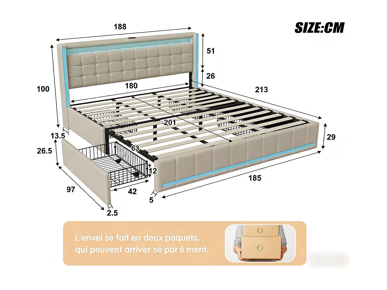 Lit coffre 180x200 cm en tissu lin avec LED, USB et Type-C - tête de lit avec étagères - sommier à lattes - beige