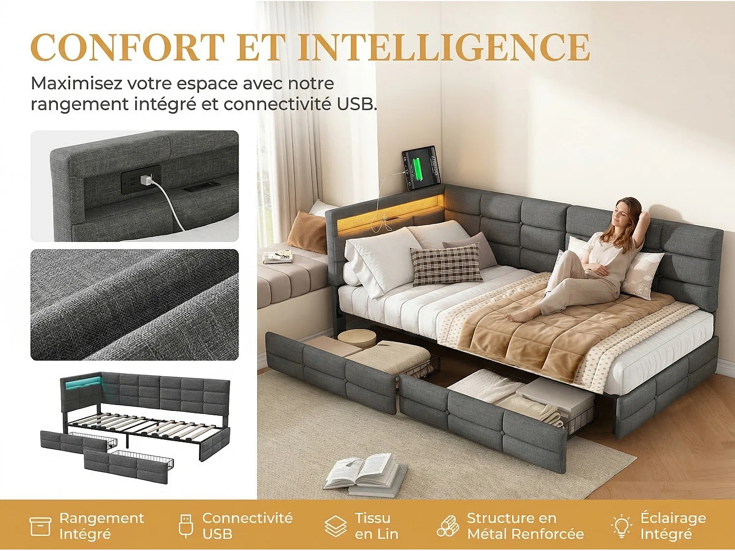 Lit avec Rangement 140x190 cm en Tissu Beige, Lit  Rembourré a Tiroirs, Tête de Lit Capitonnée avec LED, Sommier à Lattes, Lit Moderne Chambre Adulte Enfant