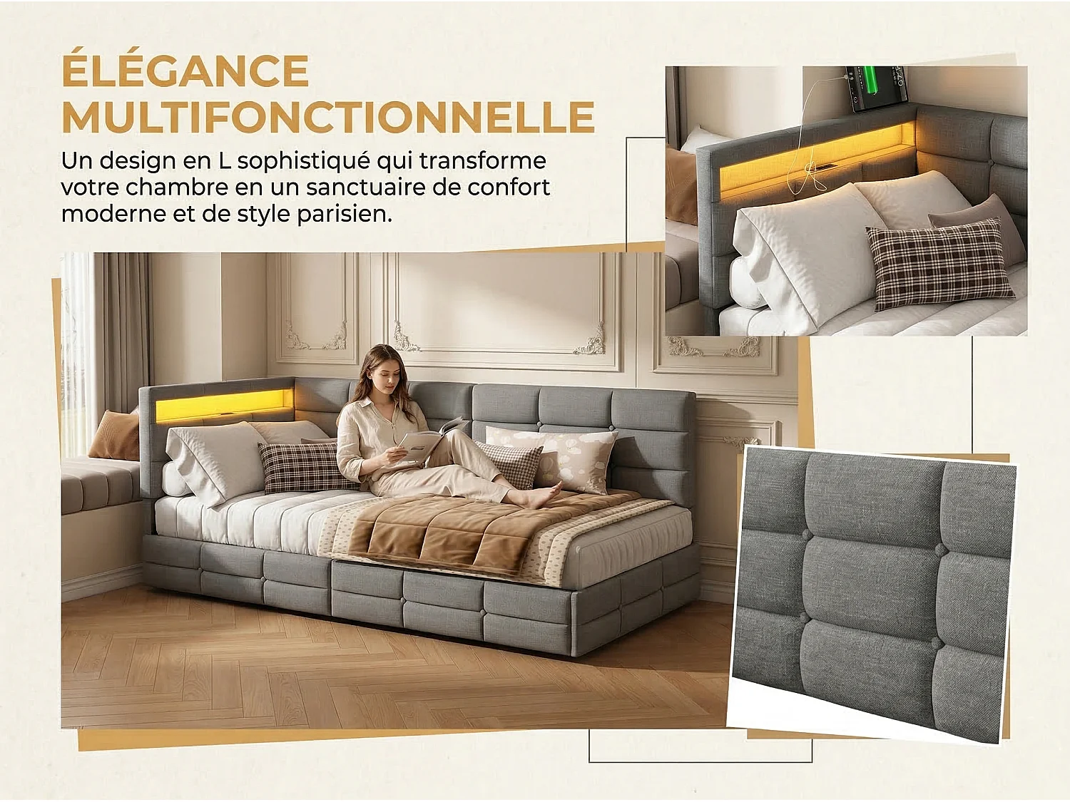 Lit avec Rangement 140x190 cm en Tissu Beige, Lit  Rembourré a Tiroirs, Tête de Lit Capitonnée avec LED, Sommier à Lattes, Lit Moderne Chambre Adulte Enfant