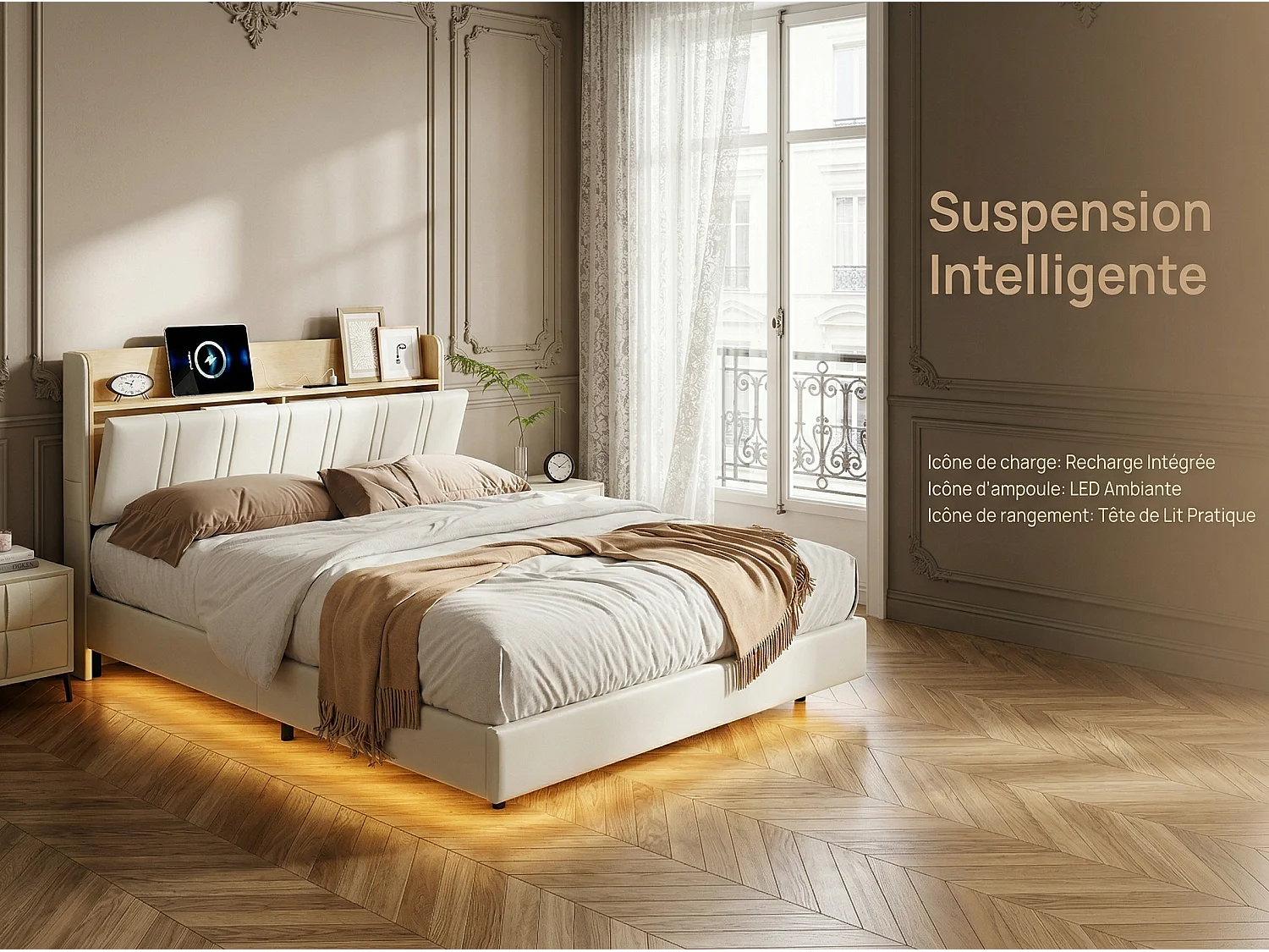 Lit 140x190 cm LED effet flottant, lit en PU avec rangement tête de lit, cadre de lit moderne avec sommier à lattes