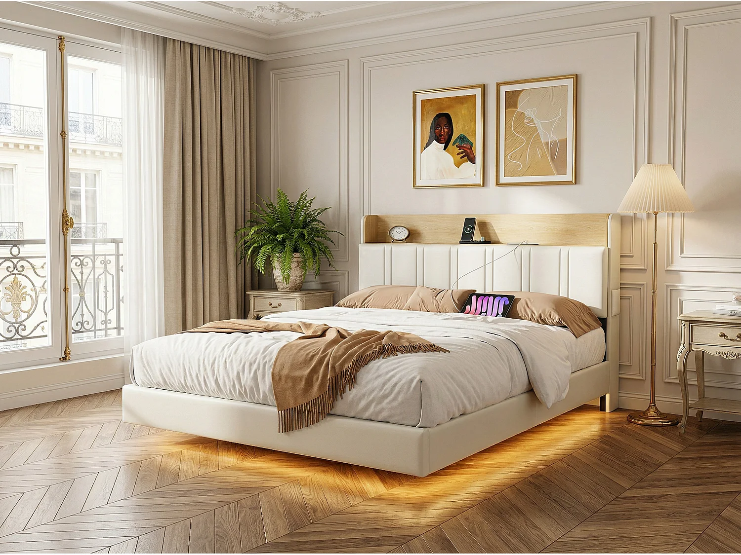 Lit 140x190 cm LED effet flottant, lit en PU avec rangement tête de lit, cadre de lit moderne avec sommier à lattes