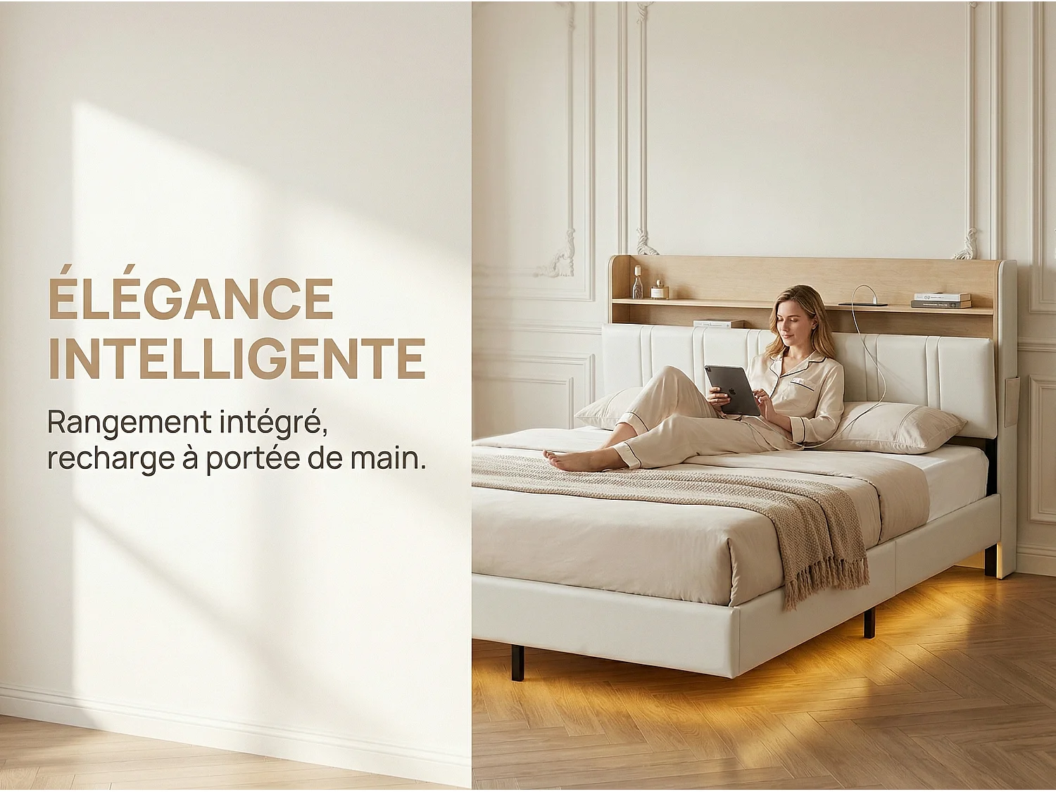 Lit 140x190 cm LED effet flottant, lit en PU avec rangement tête de lit, cadre de lit moderne avec sommier à lattes