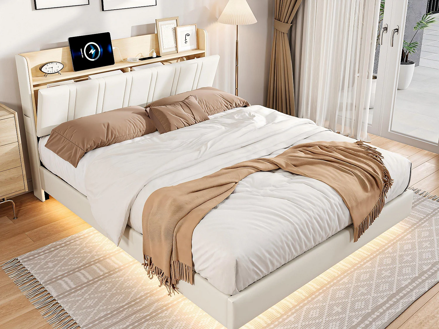 Lit 140x190 cm LED effet flottant, lit en PU avec rangement tête de lit, cadre de lit moderne avec sommier à lattes