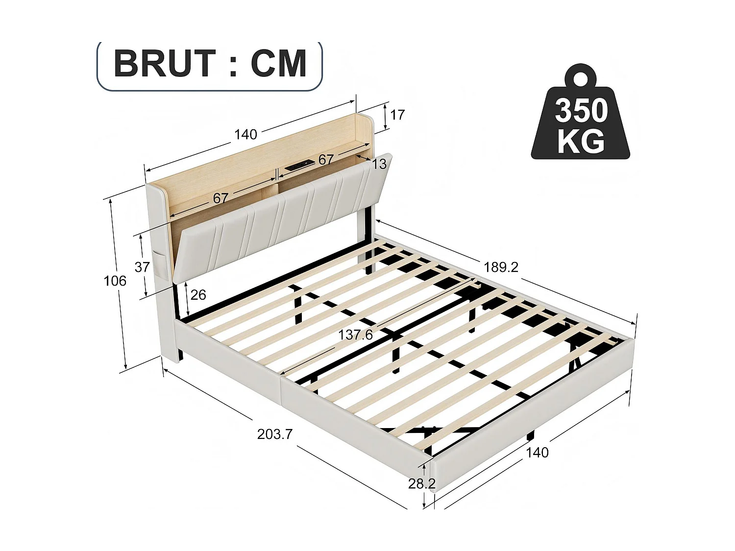 Lit 140x190 adulte en tissu beige avec tête de lit rembourrée – Lit double  avec éclairage LED intégré et sommier à lattes
