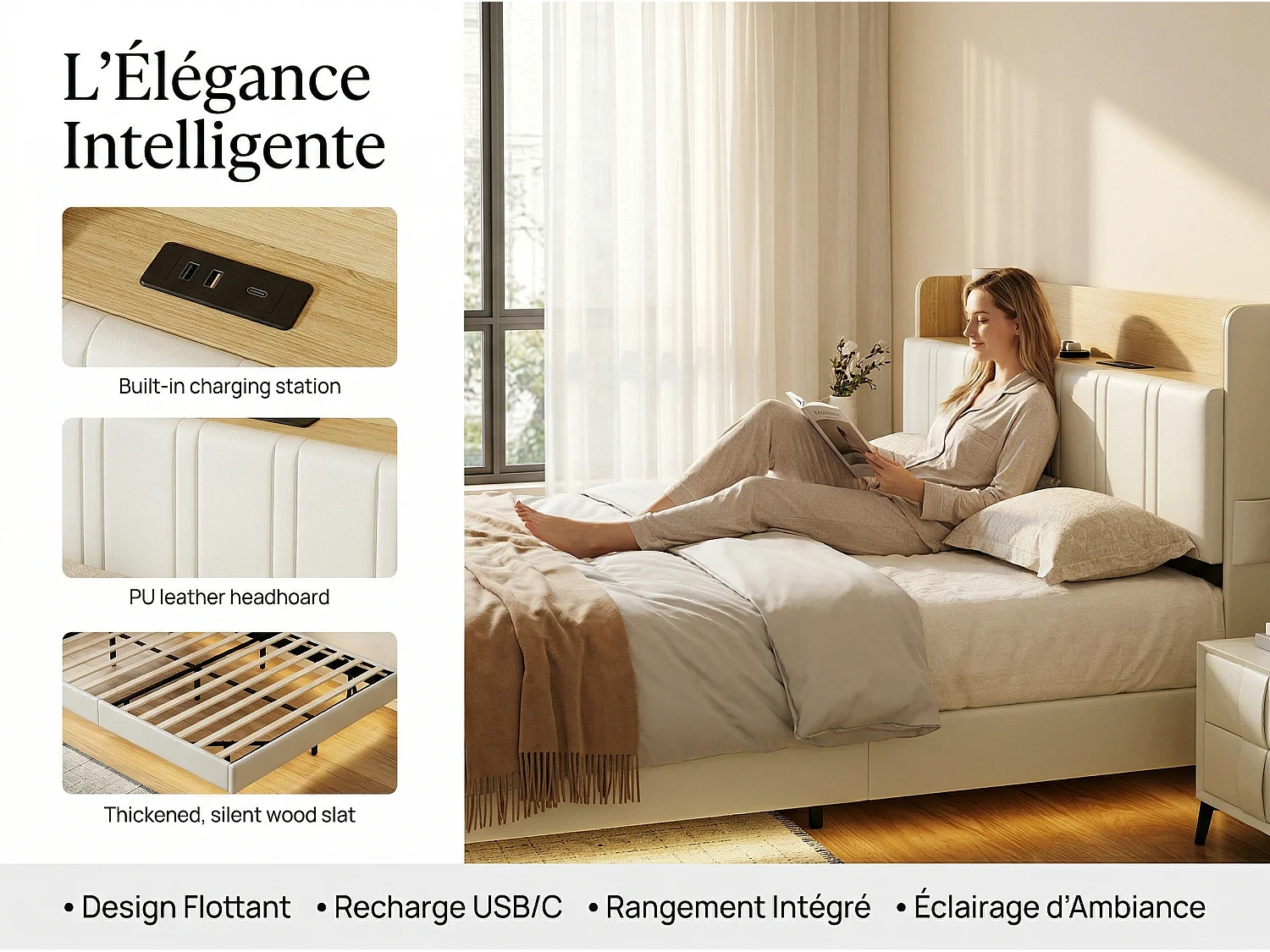 Lit 140x190 adulte en tissu beige avec tête de lit rembourrée – Lit double  avec éclairage LED intégré et sommier à lattes