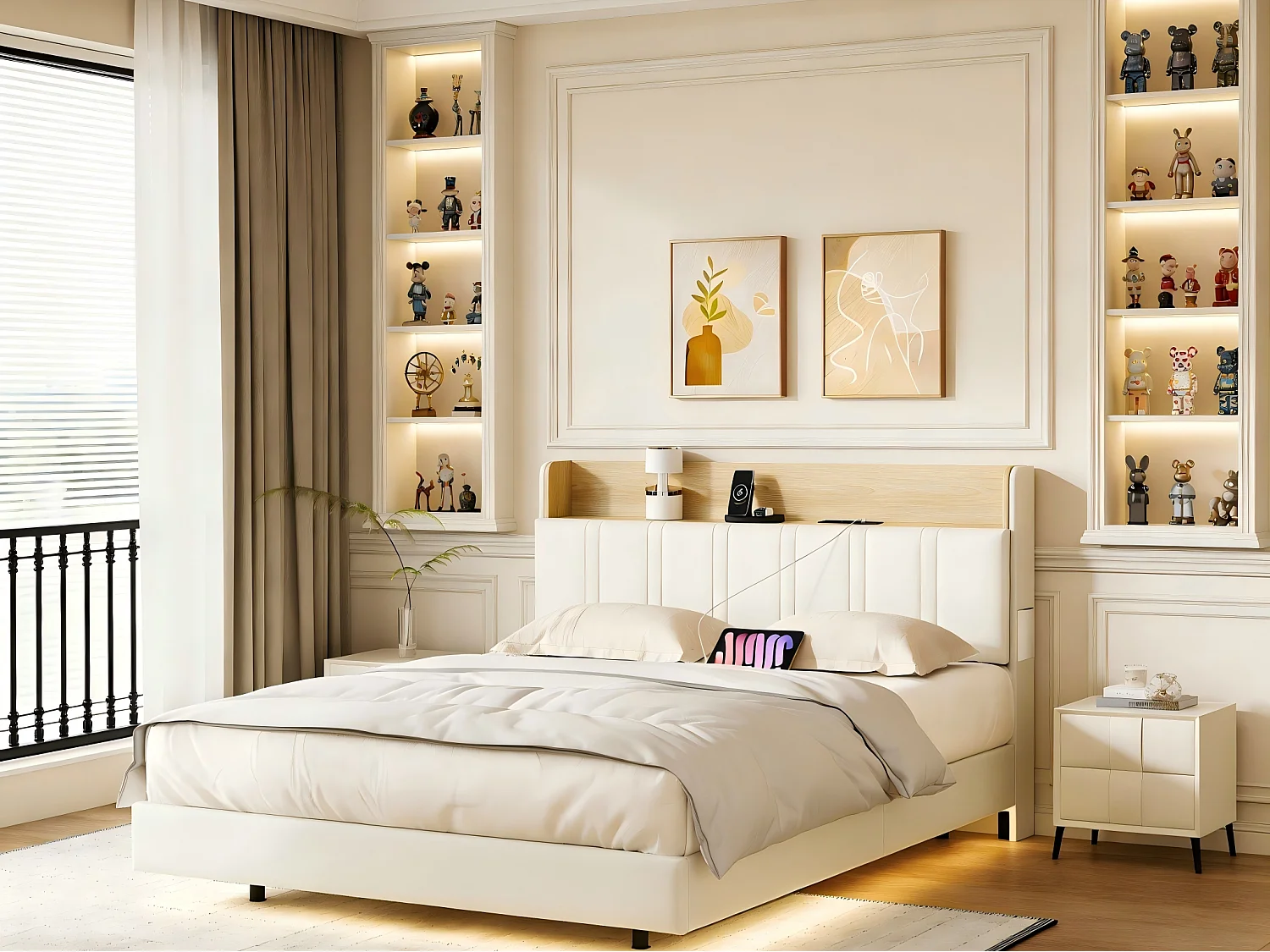 Lit 140x190 cm LED effet flottant, lit en PU avec rangement tête de lit, cadre de lit moderne avec sommier à lattes