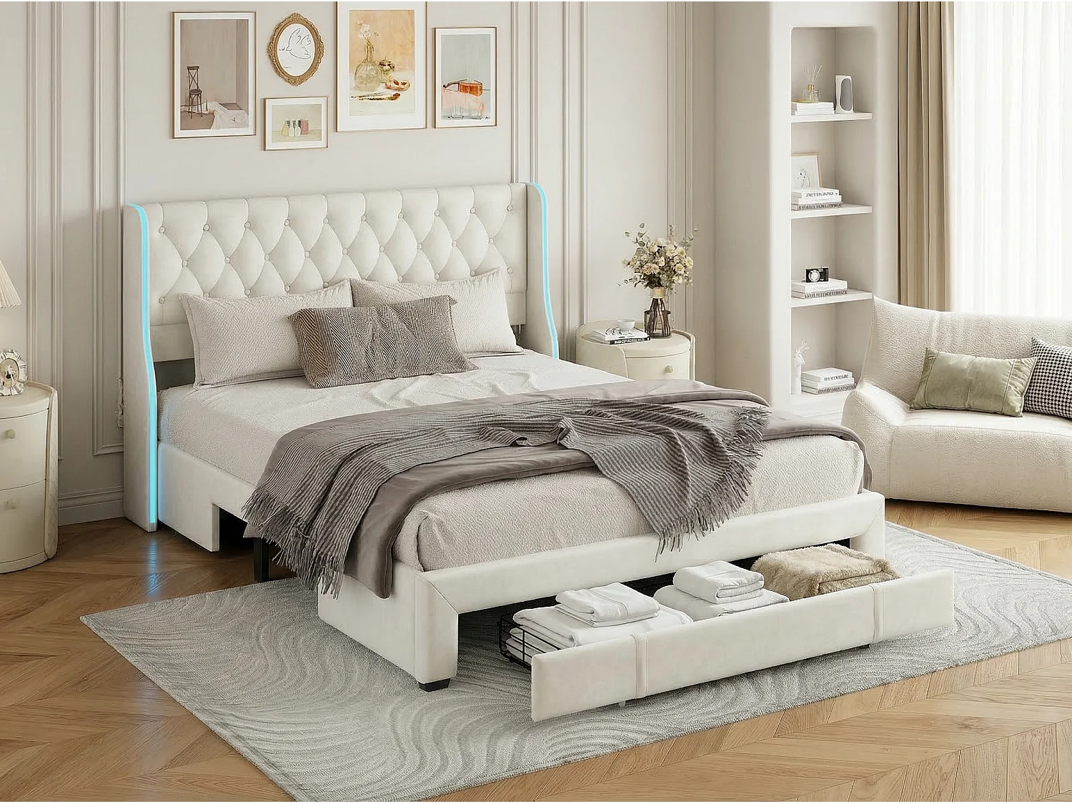 Lit rembourré avec 3 tiroirs, tête de lit capitonnée avec LED, sommier à lattes, coloris crème