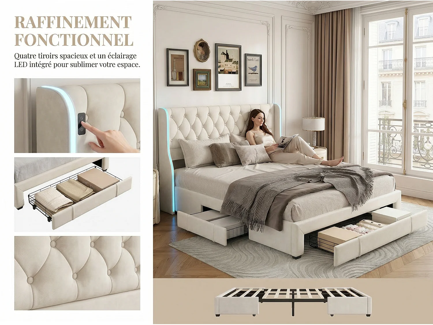Lit rembourré avec 3 tiroirs, tête de lit capitonnée avec LED, sommier à lattes, coloris crème
