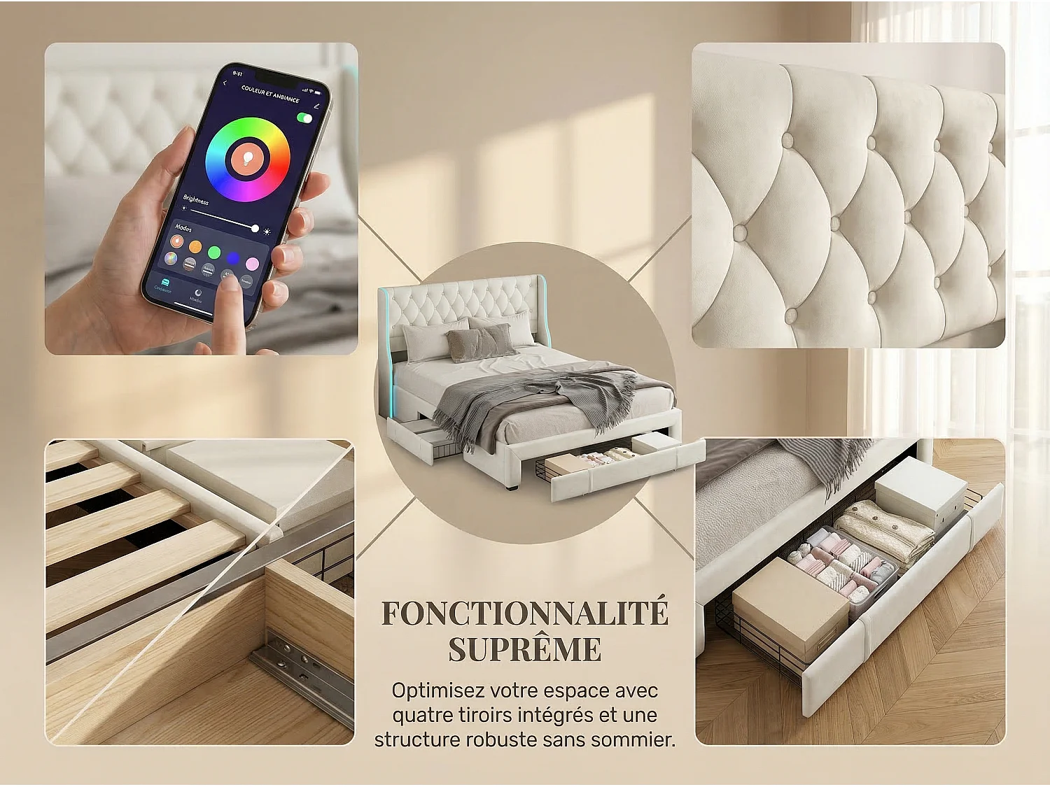 Lit rembourré avec 3 tiroirs, tête de lit capitonnée avec LED, sommier à lattes, coloris crème