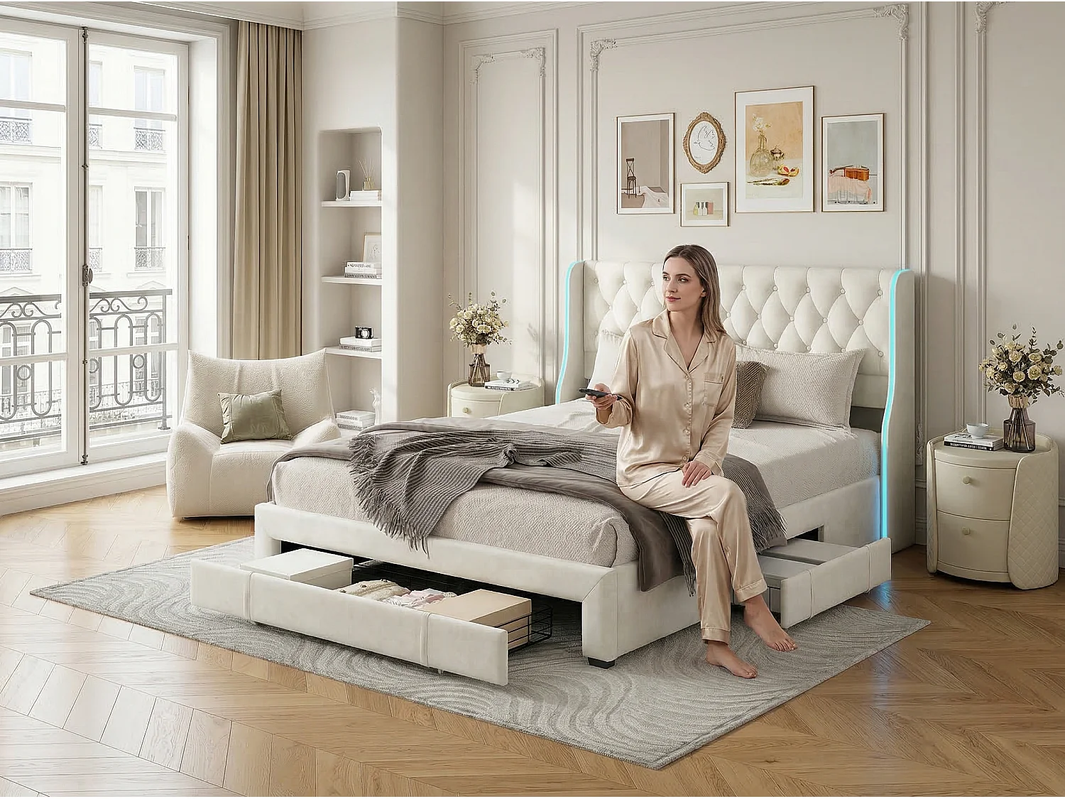 Lit rembourré avec 3 tiroirs, tête de lit capitonnée avec LED, sommier à lattes, coloris crème