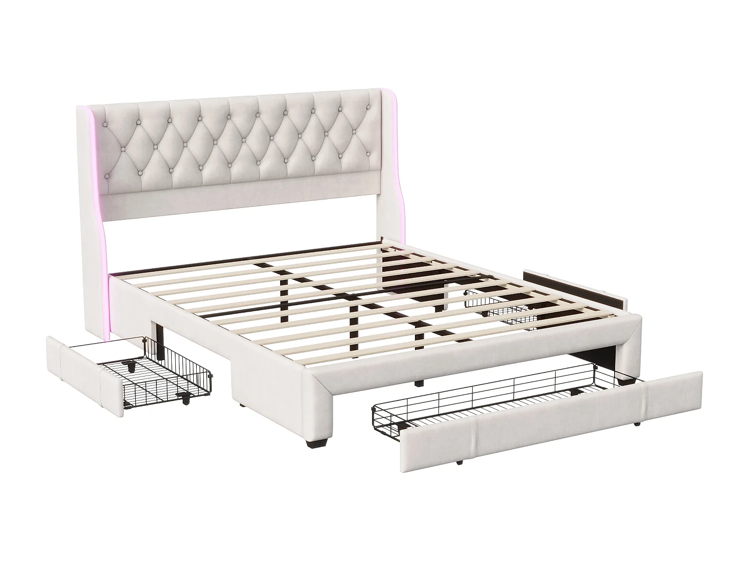 Lit rembourré avec 3 tiroirs, tête de lit capitonnée avec LED, sommier à lattes, coloris crème