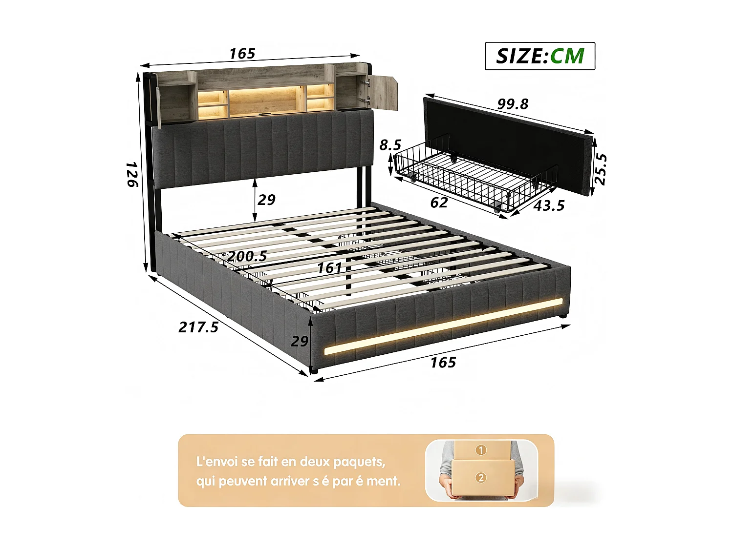 Lit rembourré avec 3 tiroirs, tête de lit capitonnée avec LED, sommier à lattes, coloris crème
