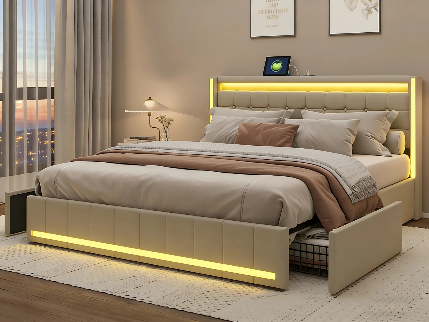 Lit 140x190 cm avec Rangement et LED, Lit Double Rembourré en Lin avec USB et Type-C, Tête de Lit avec Étagères, Sommier à Lattes, Lit Moderne Chambre Adulte Enfant
