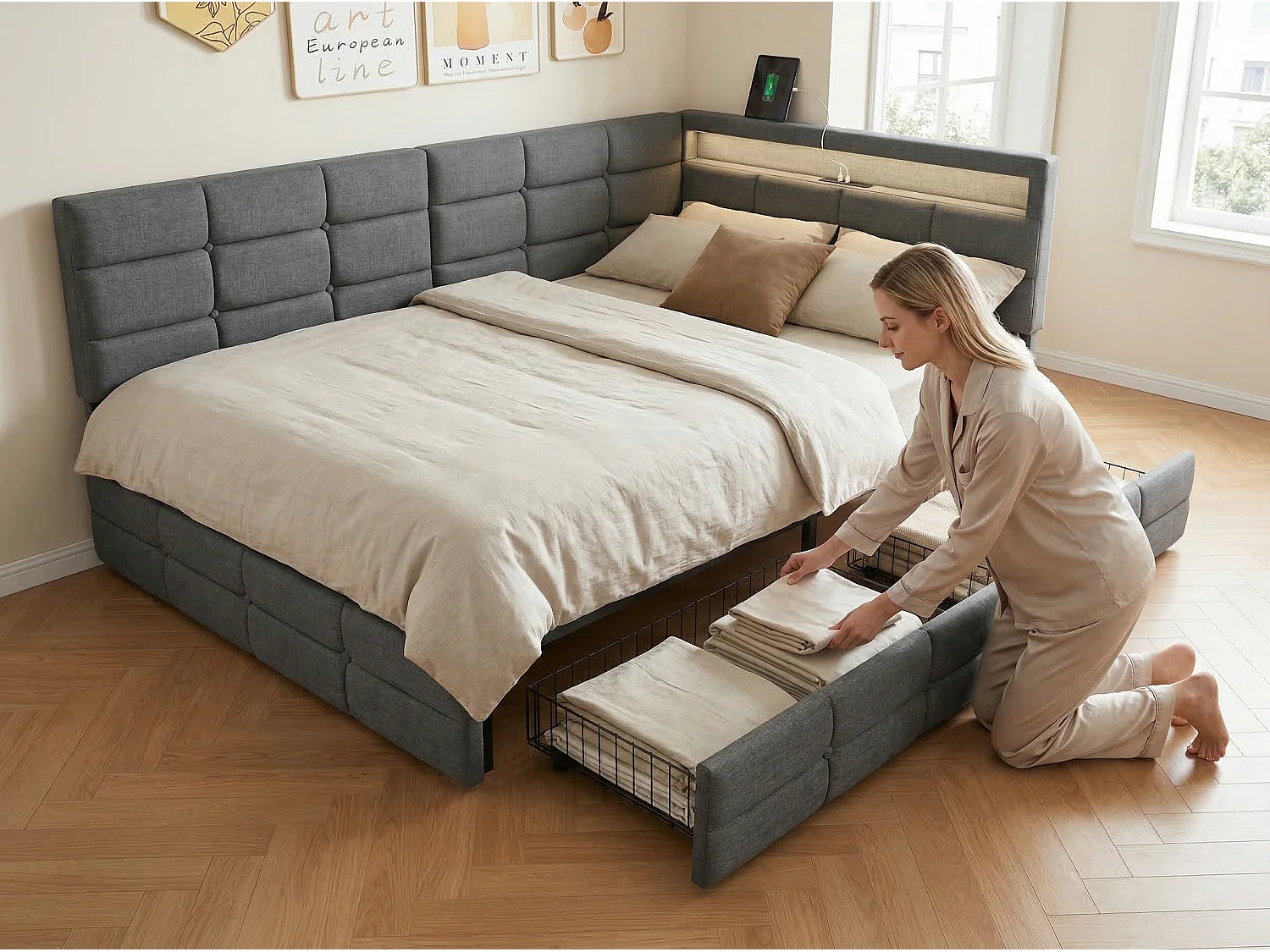 Lit avec rangement 90x200 cm en tissu beige - tête de lit capitonnée avec LED - avec sommier à lattes - lit rembourré à tiroirs